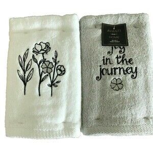 Avanti Hand Towels Enjoy The Journey Floral Black White Set of 2 Embroidered